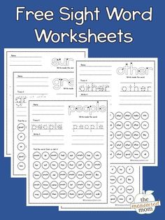 the sight word worksheets are shown in three different colors and sizes, including one with