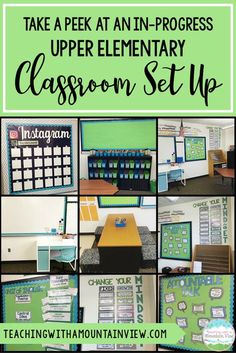 classroom set up with green and blue accents for the back to school year, including an open