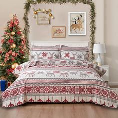 PRICES MAY VARY. PACKAGE INCLUDE: 3 piece Christmas themed quilt set comes with one Full or Queen size quilt (90in. x 90in.) and two matching pillow shams (20in. x 26in.+2in.); Set does not include any inside fillers or accessories CUTE CHRISTMAS PATTERN: Christmas Pixel Pattern with Deers and Elks in the Winter Forest; Traditional Nordic Seamless Striped Ornament; Brighten up your room in holiday style with this colorful deer quilt set; This 3-piece bedding set showcases varying gray, red and white patterns, with snowflakes, diamonds, stripes, polka dots, paisley flowers and more, interspersed with prancing caribou silhouettes MULTI-USE QUILTS BED COVERLET: Can be used as bed coverlets, air condition quilt, thickened sheet, decorative accessories, sofa blanket; All season use, perfect for White Lantern Christmas Decor, Reindeer Quilt, Soft Comforter Bedding, Christmas Pixel, Deer Quilt, Bed Coverlet, Christmas Duvet Cover, Flower Bedding, Christmas Bedding