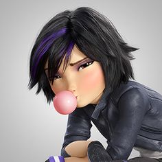 a woman with black hair blowing a bubble on top of her finger and wearing purple gloves