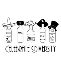 the words celebrate university are in black and white on a gray background with bottles, hats, and other items