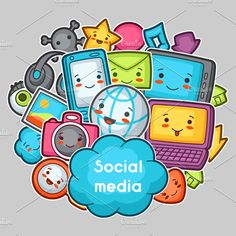 the social media logo is surrounded by many different items and icons, including a cloud