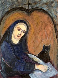 a painting of a nun holding a book next to a black cat