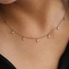 "Solid 14k Yellow Gold Genuine SI Clarity G-H Color Dangling Diamond Charm Choker Necklace Handmade Fine Jewelry Gift For Her ≫ Features * Items Code: SGN00640 * Diamond: 100% Genuine Diamond * Diamond Wt: 0.25 ct. (2.2 mm) * Diamond Color: G-H * Diamond Clarity: S2-SI1 * Diamonds Cut: Brilliant Cut (Excellent Cut) * Metal: 14K Solid Gold (18K also available - Additional fees may apply) * More option in gold color: Rose gold, Yellow gold, White gold * Chain Length: 16\" to 18\" (All sizes availa White Gold 14k Dangle Necklaces, Gold Dangle Diamond Necklace In Fine Jewelry Style, 14k Gold Dangle Necklaces Fine Jewelry, Fine Jewelry 14k Gold Dangle Necklaces, Rose Gold 14k Gold Dangle Necklace, Rose Gold 14k Dangle Necklace, Dainty Gold Diamond Dangle Necklace, Dainty Gold Dangle Diamond Necklace, 14k White Gold Dangle Necklace