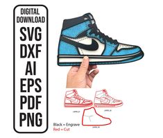 a hand holding up a pair of shoes with the words, digital svg dxf