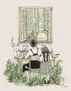 two children are sitting at a table looking out the window with deer in the background