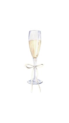 a watercolor drawing of a glass of wine with a bow on the side and white background