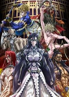 an anime poster with all the characters in front of a giant building and two men holding swords