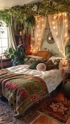 a bedroom decorated with plants and lights