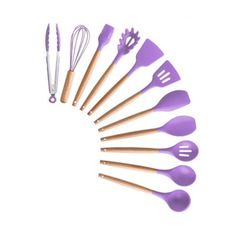 purple kitchen utensils arranged in a circle