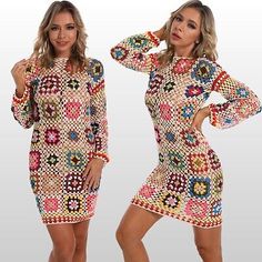 Great Shopping Granny Square Crochet Dress Long Sleeve Women Boho Clothing Randomly blend color, Women's Dresses Granny Square Crochet Dress, Crochet Dress Long, Chic Crochet Top, Granny Square Dress, Oversized Tunic Dress, Square Dress, Knit Summer Dress, Chic Maxi Dresses, Dress Tutorials