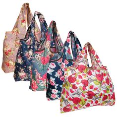 four floral bags are lined up against a white background