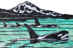 three orca's swimming in the water with mountains in the background, painted on wood