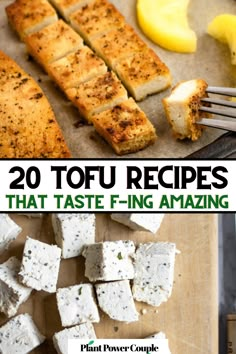 there are many different types of tofu on the cutting board with lemons and garlic