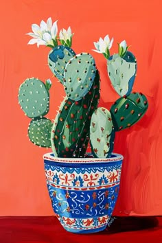 a painting of a cactus in a blue and white pot on a red tablecloth