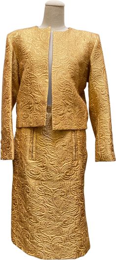 Vintage 80’s Yves Saint Laurent Gold Dress Suit | Shop THRILLING Gold Skirt, Dress Suit, Bolero Jacket, Suit Shop, Jacquard Fabric, Dress Suits, Gold Dress, Skirt Suit, Vintage Boutique