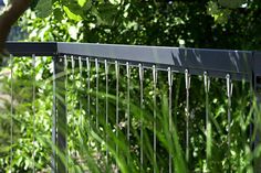 a bird is perched on the top of a fence with water dripping from it's gutters