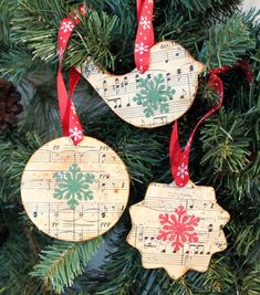 Please note that this listing is for ONE ornament.  Vintage holiday sheet music was used to create these whimsical ornaments. Available in three shapes: bird, circle or star. Each one is handmade from a piece of wood that has been decoupaged with sheet music, embellished with a red and green snowflake and finished off with a bit of sparkle. Please note that sheet music and ribbon color will vary from piece to piece. The circle & star ornaments measures approximately 2.625 inches in diameter. The Hymnal Ornaments Diy, Living Nativity, Hymnal Crafts, Sheet Music Ornaments, Country Christmas Ornaments, Hymn Art, Library Events