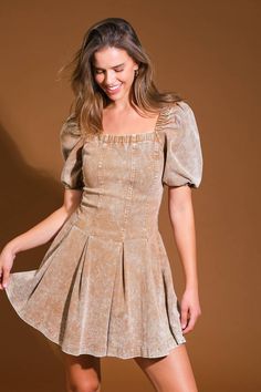 A washed twill mini dress featuring square neckline, elbow sleeve, fitted bodice, pleated full skirt and back zipper closure Flying Tomato Dress, Urban Sophistication, Flying Tomato, Elbow Sleeve, Square Necklines, Full Skirt, Fitted Bodice, Square Neckline, Bodice