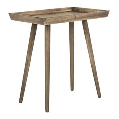 a wooden table with two legs and a tray on the top that is shaped like a triangle