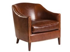 a brown leather chair sitting on top of a white floor