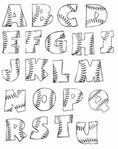 the alphabet is made up of baseballs and letters that are drawn in black ink