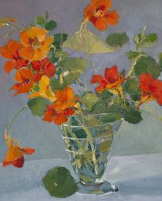 a painting of red and yellow flowers in a clear glass vase on a gray background