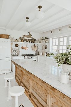 a kitchen with an island and white appliances in the center, surrounded by potted plants