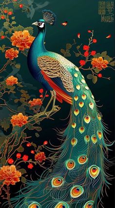 a painting of a peacock sitting on top of a tree filled with leaves and flowers