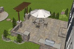 an outdoor patio with tables and umbrellas