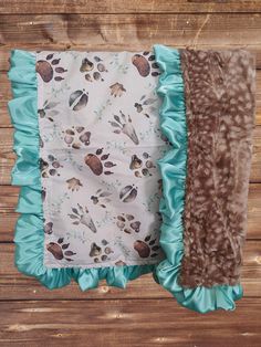 Baby Ruffle Blanket - Woodland Animal Tracks and Fawn Minky Woodland Blanket - DBC Baby Bedding Co Ruffle Blanket, Woodland Blanket, No Sew Blankets, Animal Tracks, Fleece Baby Blankets, Woodland Animal, Baby Deer, Minky Fabric, Forest Animals