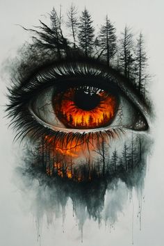 an eye with trees in the background and fire coming out of its iris's eyes