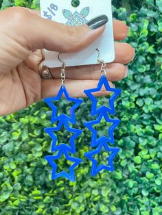 Lightweight star trio earrings Trendy Blue Dangle Earrings, Blue Star Charm Dangle Earrings, Blue Dangle Earrings With Star Charm, Blue Star Charm Drop Earrings, Blue Star Charm Earrings For Party, Blue Star Charm Earrings For Gift, Blue Star Charm Earrings As Gift, Blue Star Charm Jewelry For Party, Blue Star-shaped Jewelry For Party