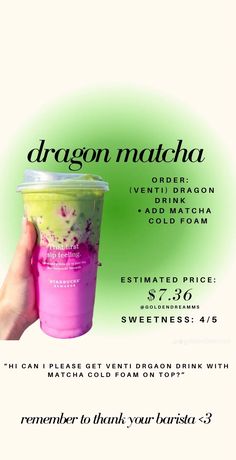 the dragon matcha drink is being held up in front of a green and white background