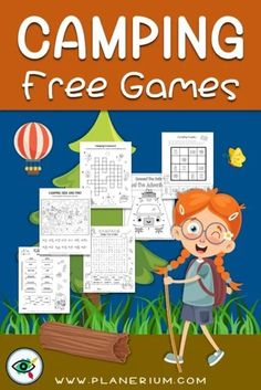 a girl with glasses is standing in front of a tree and has the words camping free games on it