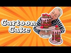 an old man is eating cake with pink icing on it and the caption says, cartoon cake