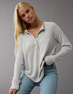 AE Plush Long-Sleeve Henley T-Shirt Aerie Henley Long Sleeve, Long Sleeve Basics, Simple Tops For Women, Macy Aesthetic, American Eagle Clothes, Simple Cute Outfits, Cute Long Sleeve Tops, Cute Long Sleeve Shirts, Cute Long Sleeves