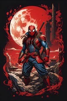 a spider - man standing in front of a full moon with his arms crossed and holding two swords