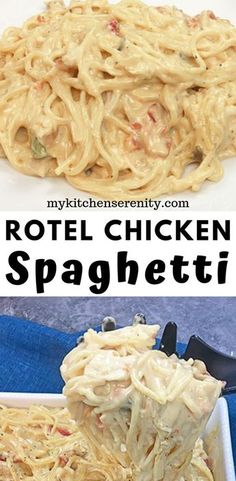 two pictures with different types of food in them and the words, rotel chicken spaghetti