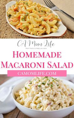 homemade macaroni salad in a white bowl with the title above it