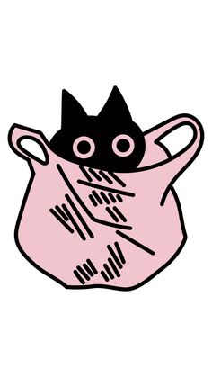 a black cat in a pink vase with eyes on it's face, peeking out from the bottom