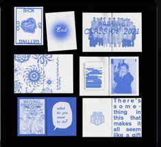 several different blue and white cards on a black background with words in the middle one says, there's something in this that makes it all seem like a gift