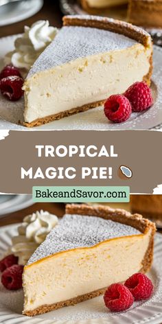 a slice of tropical magic pie on a plate with raspberries