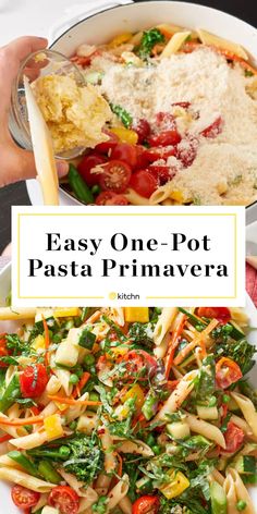 two plates with pasta and vegetables in them, one has the title easy one - pot pasta primavera