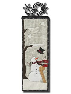 a snowman hanging from the side of a metal wall plaque with a bird on it