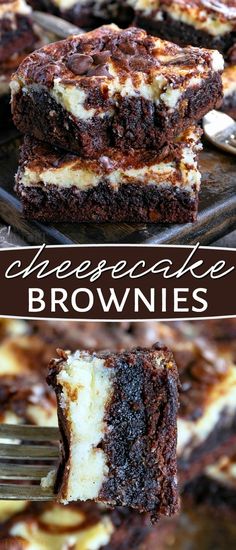 chocolate cheesecake brownies are stacked on top of each other with a bite taken out