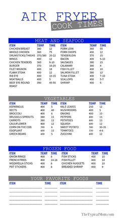 an air fryer cook times sheet with the instructions to make it easier for cooking