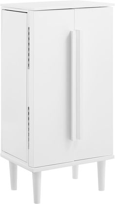 a white cabinet with two doors and three legs on the bottom, against a white background