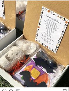 two boxes filled with halloween craft kits sitting on top of a grass covered field next to each other