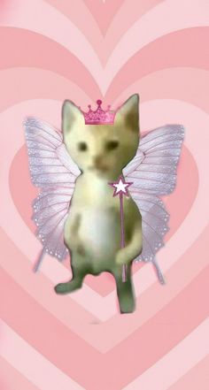 a cat with a crown on its head and wings holding a wand in front of a heart